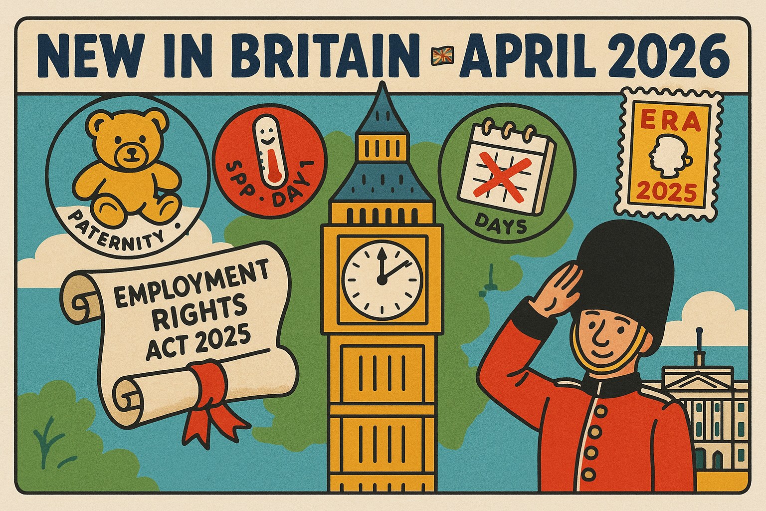 A 1990s tourist postcard 'New in Britain · April 2026' with cartoon Big Ben, paternity teddy bear badge, SSP thermometer badge, no-waiting-days calendar badge, and Employment Rights Act 2025 parliamentary scroll.