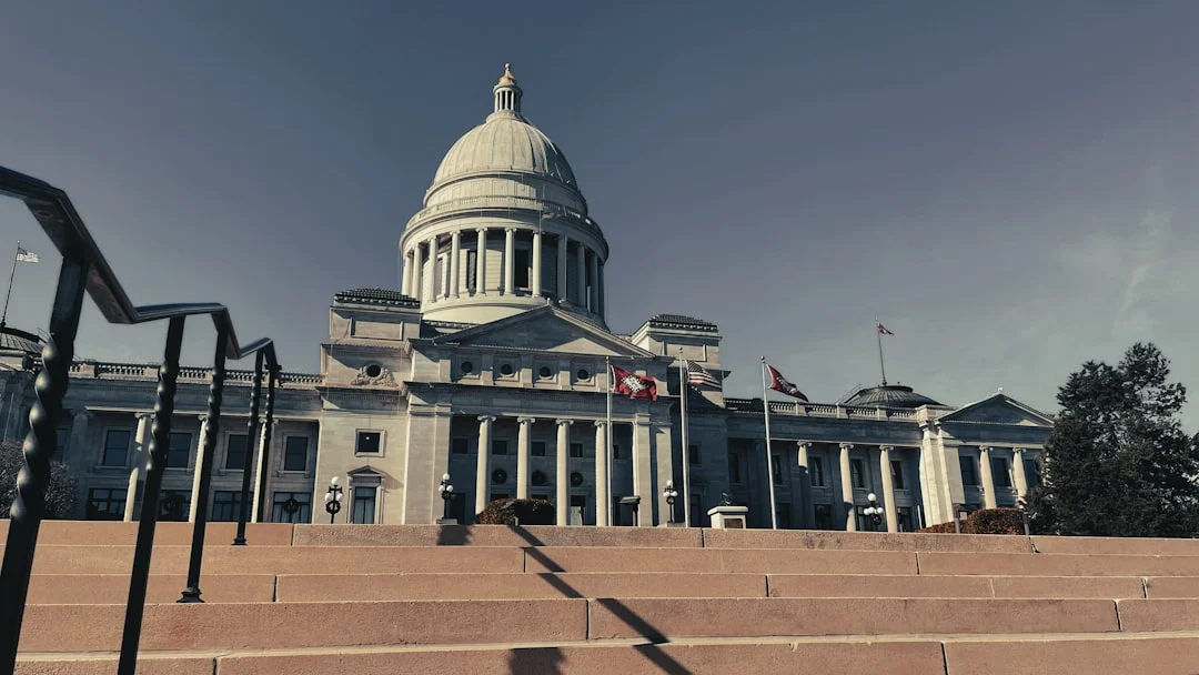The Arkansas State Capitol building in Little Rock, photographed with steps leading up to its entrance.