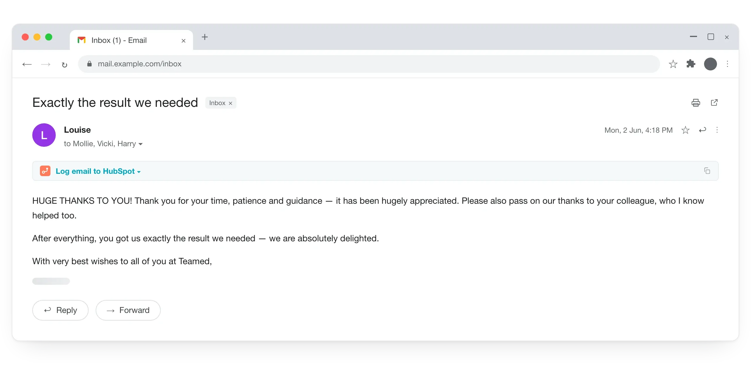 Customer email, subject "Exactly the result we needed": HUGE THANKS TO YOU! Thank you for your time, patience and guidance, it has been hugely appreciated. Please also pass on our thanks to your colleague, who I know helped too. After everything, you got us exactly the result we needed, we are absolutely delighted. With very best wishes to all of you at Teamed.