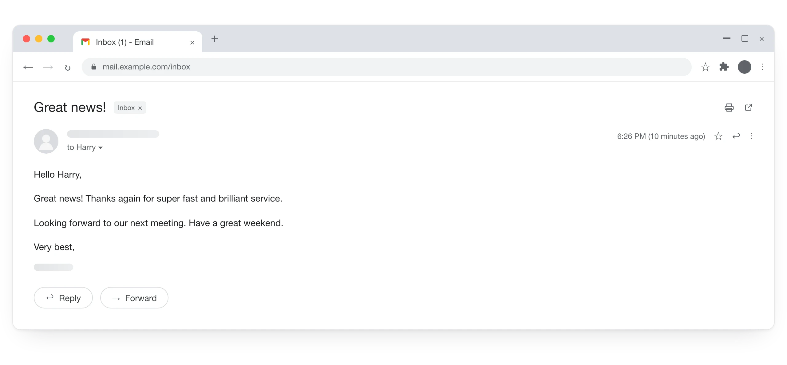 Customer email, subject "Great news!": Hello Harry, great news! Thanks again for super fast and brilliant service. Looking forward to our next meeting. Have a great weekend.