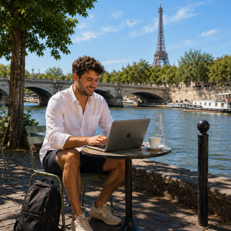 A Teamed traveller working by the Seine in France