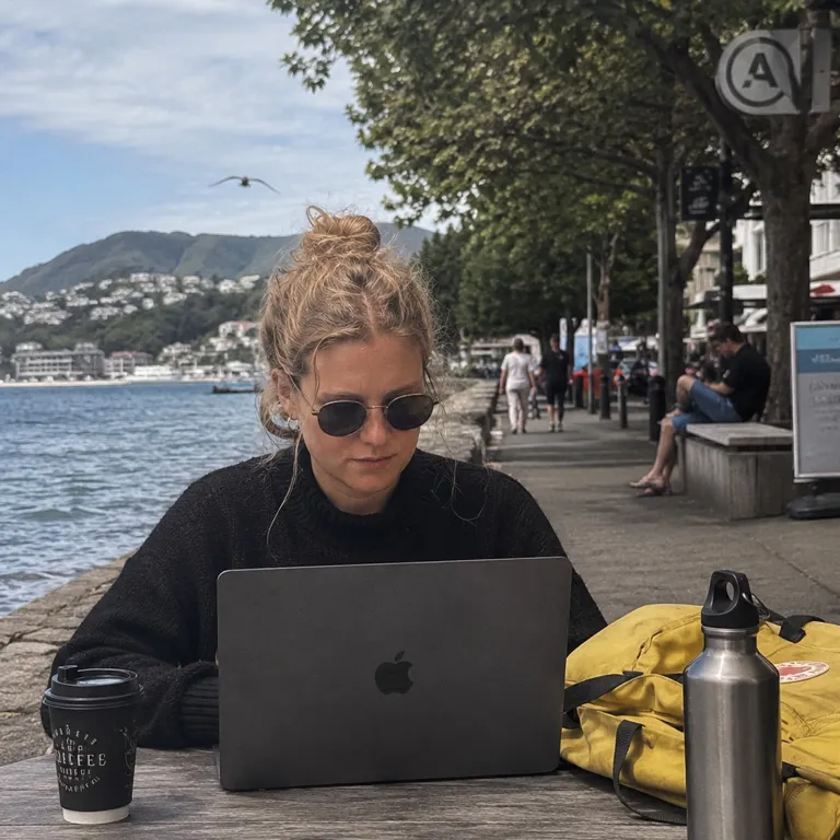 A Teamed traveller working by the waterfront in Portugal