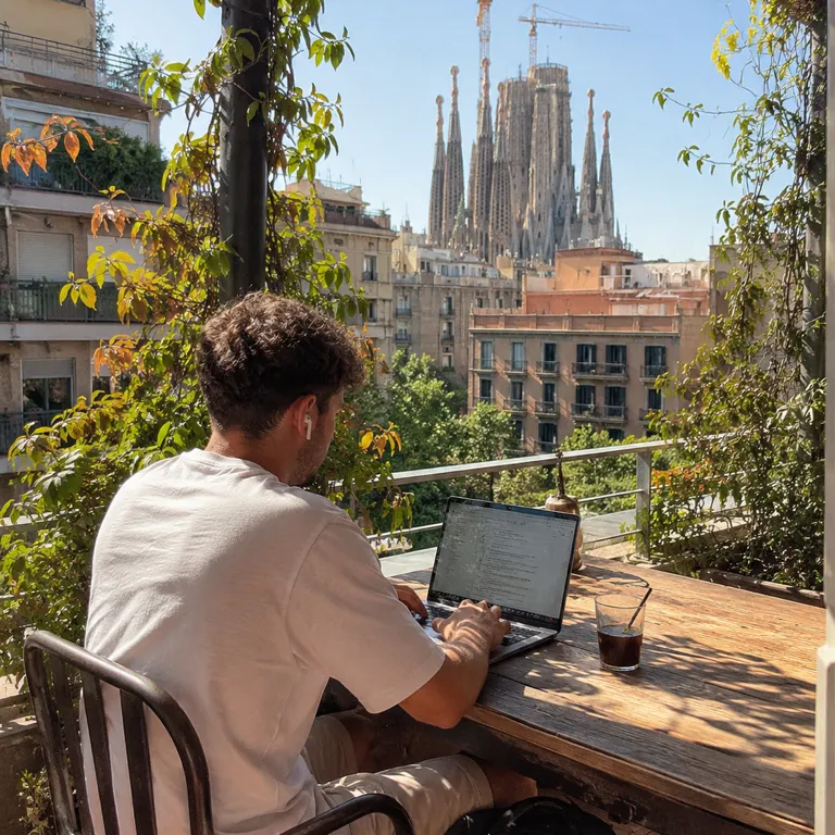 A Teamed traveller working with a view of the Sagrada Família in Spain